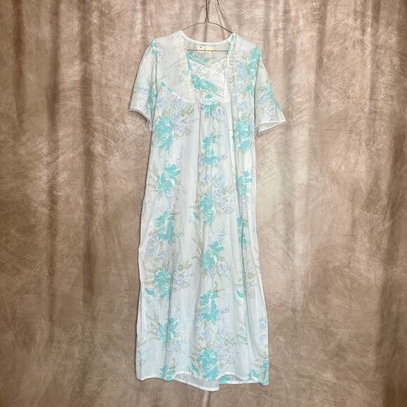 Vintage 90s Anita Floral Lace MuuMuu Nightgown Dress Blue Boho Tropical Retro - Picture 6 of 6